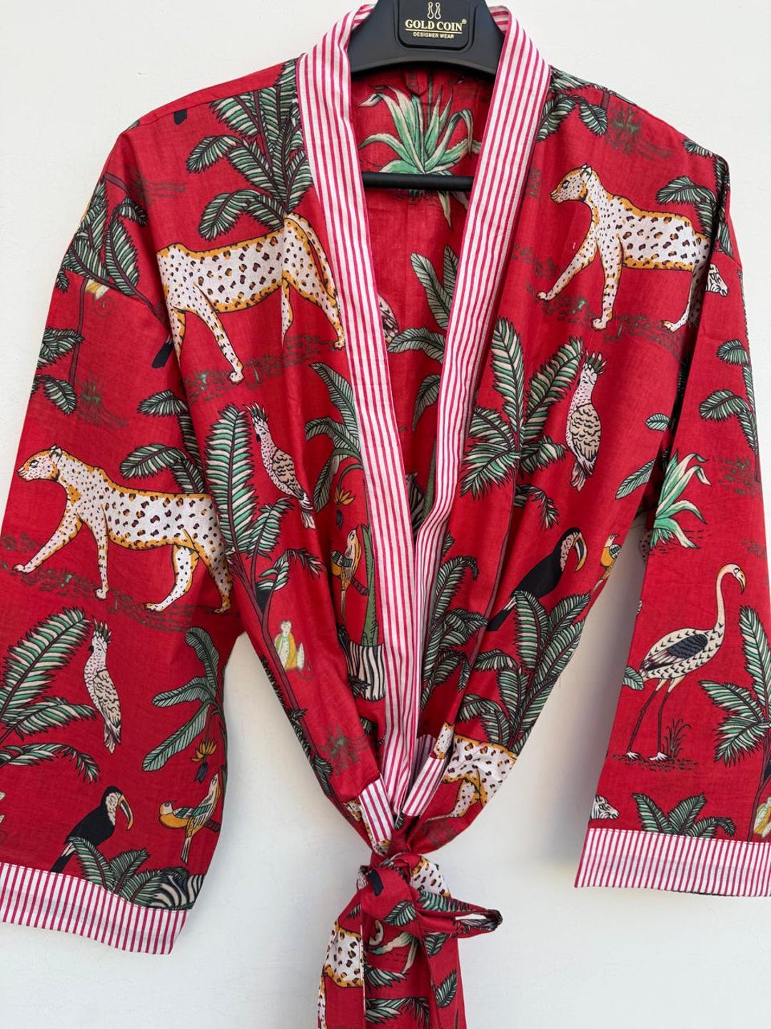 Red Jungle Print Cotton Robe for Women Tiger Leopard Bird Print Lounge ...