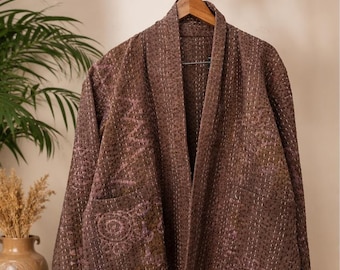 Handmade Kantha Quilt Jacket, Brown Kimono Style Jacket for Women