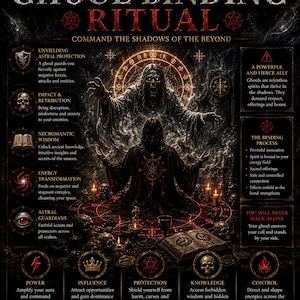以下が含まれることがあります： Bloodline Mystics Ghoul Binding Ritualと題された暗く詳細なポスター。中央の人物が、赤く輝く魔法陣の中で亡霊のようなグールに向かって跪いている様子が描かれています。デザインにはテキスト、アイコン、儀式に関する警告が含まれています。
