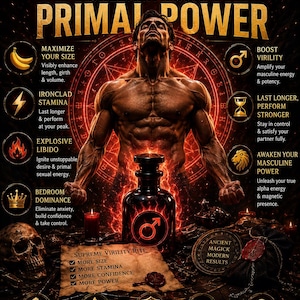 May include: A promotional poster titled MALE ENHANCEMENT PACT featuring a muscular figure, a dark glass bottle with a male symbol, a skull, and a parchment labeled SUPREME VIRILITY RITE. The text includes UNLEASH YOUR PRIMAL POWER and BLOODLINE MYSTICS.