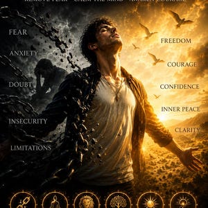 May include: A poster titled FEAR RELEASE & INNER FREEDOM PACT featuring a person breaking free from dark chains. The left side lists FEAR, ANXIETY, DOUBT, INSECURITY, LIMITATIONS. The right side lists FREEDOM, COURAGE, CONFIDENCE, INNER PEACE, CLARITY.