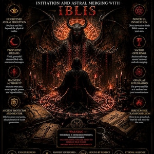 Pode incluir: Um cartaz escuro intitulado The Ultimate Pact of Power apresentando uma figura central com chifres e asas sobre uma pessoa encapuzada dentro de um círculo ritual vermelho brilhante. A imagem inclui descrições de benefícios ocultos e um aviso.