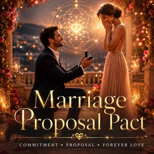 Può includere: Una persona in abito scuro si inginocchia per presentare un cofanetto aperto a un'altra persona in un lungo abito dorato scintillante. Il testo Marriage Proposal Pact appare in lettere dorate, con COMMITMENT, PROPOSAL, FOREVER LOVE sotto.