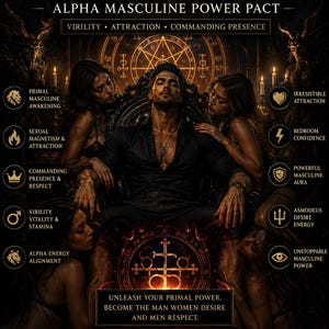 Può includere: Un poster digitale intitolato ASMODEUS ALPHA MASCULINE POWER PACT che mostra una figura centrale seduta su un trono circondata da quattro persone. L'immagine include testi come PRIMAL MASCULINE AWAKENING, SEXUAL MAGNETISM e UNLEASH YOUR PRIMAL POWER.