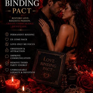 Puede incluir: Un gráfico de temática oscura con una pareja, velas rojas, pétalos de rosa y una caja negra con la etiqueta LOVE BINDING PACT. El texto incluye PERMANENT LOVE BINDING PACT, RESTORE LOVE, REIGNITE PASSION, CREATE UNBREAKABLE DEVOTION y You. Me. Forever.