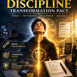 May include: A digital poster titled PERMANENT DISCIPLINE TRANSFORMATION PACT featuring a central figure with eyes closed, surrounded by glowing golden light, a daily plan notebook, a goals list, and text prompts about breaking procrastination.