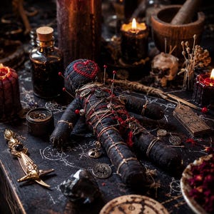 May include: A black fabric doll featuring a red stitched heart on the head, wrapped in red and tan twine, and pierced with several red-tipped pins. The doll is adorned with small metallic charms and sits among candles, a mortar, and coins.