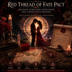 May include: A Red Thread of Fate Pact ritual set featuring a scroll with text, a spool of red thread, a candle, a book titled Book of Love Spells, and a circular plate with a heart. The scene includes a couple silhouette and mystical symbols.