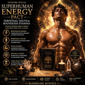 May include: A digital graphic titled SUPREME RITUAL SUPERHUMAN ENERGY PACT featuring a muscular figure surrounded by golden light, a book labeled ETERNAL VITALITY LIFE FORCE ACTIVATION, candles, crystals, and text detailing energy and youth benefits.