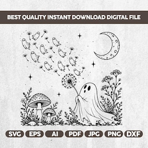 May include: A black and white digital illustration featuring a ghost holding a dandelion that transforms into smaller ghosts floating toward a crescent moon. The scene includes two mushrooms and wildflowers, with text at the top and bottom.