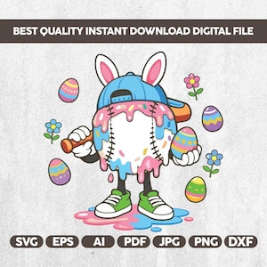 May include: A digital graphic featuring a baseball with bunny ears, a blue cap, and green sneakers, holding a baseball bat and an Easter egg. The image includes colorful Easter eggs and flowers, with the text "BEST QUALITY INSTANT DOWNLOAD DIGITAL FILE".
