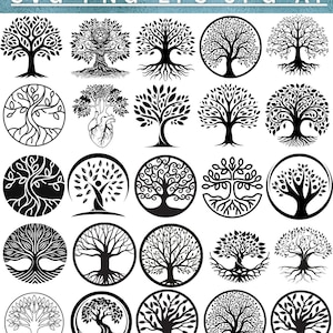 Könnte beinhalten: Eine Sammlung von schwarz-weißen Baumdesigns in verschiedenen Stilen, darunter Bäume in Kreisen und detaillierte Illustrationen. Der Text "SVG-PNG-EPS-JPG-AI" ist oben zu sehen, der Dateiformate angibt.