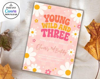 Young Wild and Three Birthday Invitation, Boho Chic Toddlers 3rd Party, Pastel Floral Celebration, Editable Canva Template, Instant Download