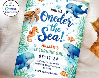Oneder the Sea Birthday Invitation, Editable Canva Template, Watercolour Sea Animals, Nautical Ocean Kids Birthday Invite, Digital Download