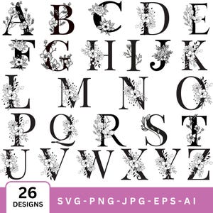 May include: A set of 26 black alphabet letters, each decorated with white floral designs. The letters are in a bold serif font. The image includes the text "26 DESIGNS" and "SVG-PNG-JPG-EPS-AI", indicating file formats.