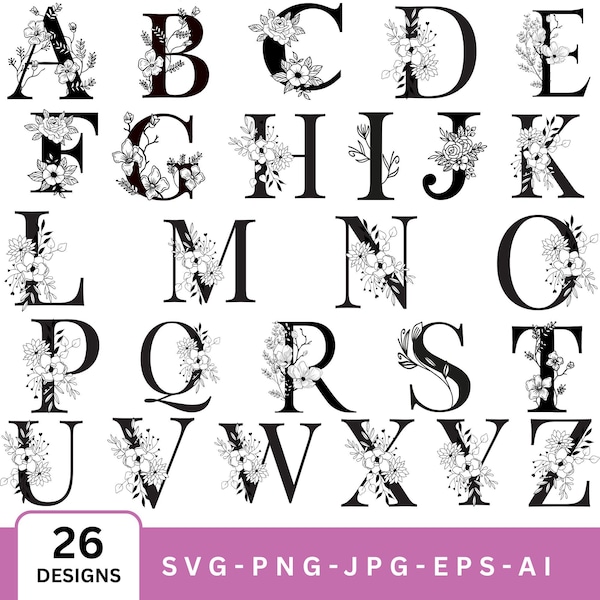 Floral Alphabet SVG, Botanical Monogram Letters A-Z (Instant Download)