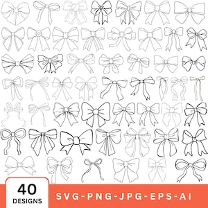 Könnte beinhalten: Eine Sammlung von 40 Schleifendesigns in schwarzer Umrandung. Die Schleifen variieren in Stil und Größe, mit einer Vielzahl von Band- und Knotendesigns. Das Bild enthält den Text "40 DESIGNS SVG-PNG-JPG-EPS-AI".