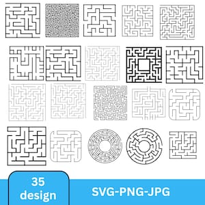 May include: A collection of 35 black and white maze designs in various square and circular shapes. The mazes are intricate and range in complexity. The image includes the text "35 design" in a blue box and "SVG-PNG-JPG" in a blue banner.