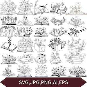 May include: Black and white line art illustrations of books with floral and botanical elements. The image includes various open books with flowers, stacks of books, and books with teacups. The text "SVG, JPG, PNG, AI, EPS" is at the bottom.
