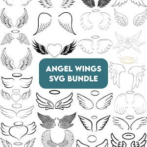 May include: A selection of angel wing designs in diverse styles, from detailed feather patterns to simple outlines. The image showcases a variety of wings, halos, and heart shapes, all in black and white. Text reads "ANGEL WINGS SVG BUNDLE".