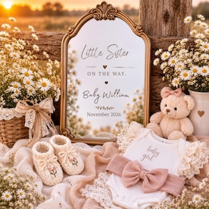 May include: An arched gold-framed mirror displays the text Little Sister ON THE WAY. Baby William November 2026. Beside it are cream-colored knit baby booties with floral embroidery, a white onesie with lace sleeves, a pink bow, and a teddy bear.