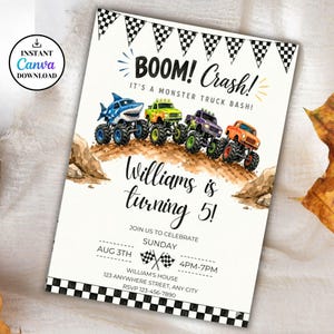 Pode incluir: Um cartão de convite branco com tema de monster truck. O cartão apresenta quatro monster trucks coloridos, o texto "BOOM! Crash!" e "Williams está fazendo 5 anos!" com detalhes do evento. Bandeiras e faixas quadriculadas em preto e branco decoram a parte superior e inferior.