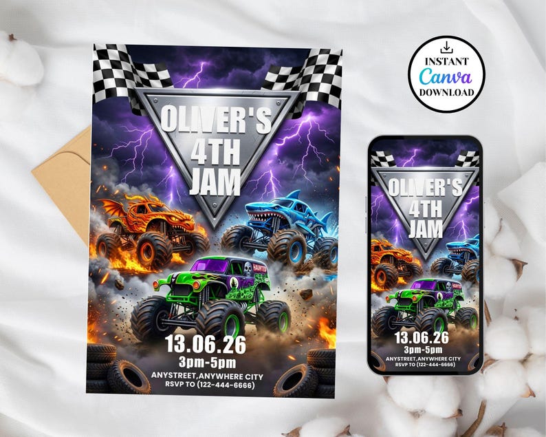 printable invitation,canva invitation,birthday party invit,monster jam birthday,kids birthday invite,monster truck theme,monster truck party,truck birthday party,monster truck invite,monster jam invite,birthday invitation,digital invitation,editable invitation