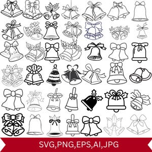 May include: A selection of Christmas bell illustrations in outline and solid black designs. The bells are decorated with bows, holly, and other festive elements. The image includes the text "SVG, PNG, EPS, AI, JPG".