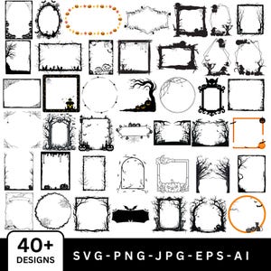 May include: A selection of over 40 Halloween-themed frame designs in black and white. The frames feature spooky elements such as bats, pumpkins, trees, and spiderwebs. The image includes the text "40+ DESIGNS" and "SVG-PNG-JPG-EPS-AI".