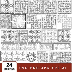 Può includere: Una collezione di 24 labirinti in bianco e nero di varie forme e dimensioni. L'immagine include labirinti quadrati, rettangolari e circolari, con il testo "24 DESIGNS" e "SVG-PNG-JPG-EPS-AI" in basso.