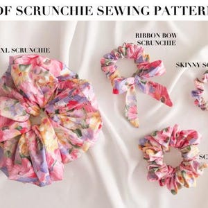 May include: Image of PDF scrunchie sewing patterns. The image displays four floral scrunchies in various styles: XXL, Ribbon Bow, Skinny, and Luxe. The scrunchies feature pink, purple, and yellow floral patterns on a white background.