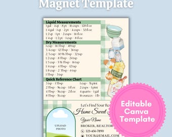 May include: A kitchen conversion magnet template with liquid and dry measurement conversions, a quick reference chart, and a space to upload a photo. The design includes illustrations of cooking ingredients and a pink circle that says "Editable Canva Template."