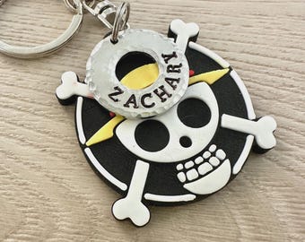 3D Printed One Piece keychain, Luffy skull keychain with custom name stamped