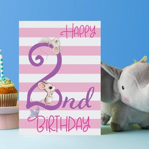 Adorable printable 2nd birthday card with cute pink mice.