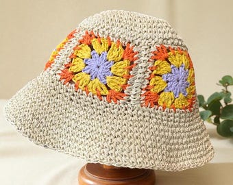 Women's Crochet Flower Sun Hat - Wide Brim Straw Bucket Hat for Beach, Travel, Vacation & Outdoor Summer UV Protection