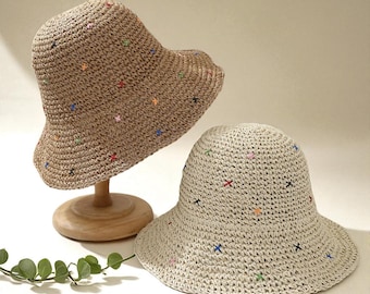 Women’s Summer Straw Bucket Hat – Colorful Crochet Panama Sun Hat | Foldable UV Protection Beach Travel Cap | Outdoor Fashion Hat