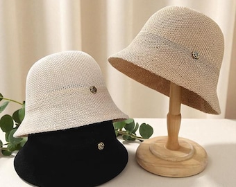 Women's Summer Knit Bucket Hat – Breathable Fisherman Cap | Vintage Style | Solid Color Sun Hat | Casual Boho Beach Accessories.