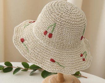 Women's Summer Sun Hat – Cherry Decor Bucket Hat| Foldable & Breathable Beach Hat for Vacation| Seaside| and UV Protection.