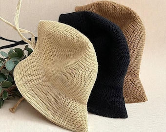 Handmade Summer Straw Sun Hat | Wide Brim Bucket Hat with Chin Strap | UV Protection | Beach Travel | Outdoor Caps