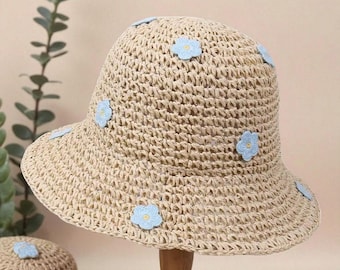 Women's Crochet Summer Hat – Straw Bucket Hat, Daisy & Sunflower Design, Adjustable Wire Brim, Boho Sun Hat.