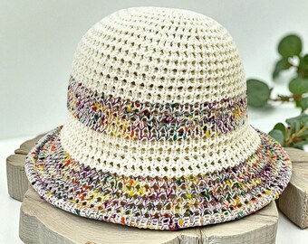 Women's Rainbow Knit Bucket Hat – Colorful Gradient Hollow Fisherman Hat for Summer, Outdoor, Beach & Casual Wear.