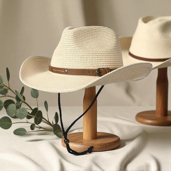 Cream Wide Brim Western Fedora Hat with Chin Strap This item is unavailable - Etsy main image 3