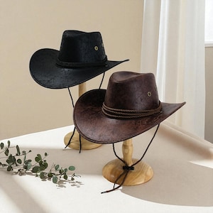 Rugged Vintage Western Cowboy Hat – Vegan Leather Foldable Wide-Brim Cattleman Style for Men & Women, Jazz Party Cosplay Outback