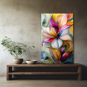 Glazen muurkunst bloemen – Abstract kleurrijk bloemenpaneel – Modern boho-huisdecoratie – Levendige kunstdruk op glas – Botanisch cadeau-idee