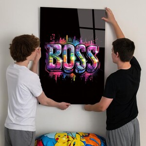Neon Graffiti BOSS Glass Wall Art: Modern Office Decor