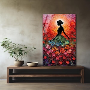 Floral Silhouette Woman Wall Art – Colorful Flower Dress Glass Print – Feminine Nature-Inspired Home Decor