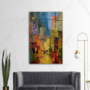Colorful Cityscape Wall Art – Abstract Urban Rain Scene Glass Print, Vibrant Modern Street Painting Decor