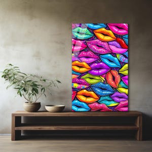 Colorful Lips Pop Art Wall Decor – Vibrant Lipstick Poster – Funky Glossy Lip Wall Art – Modern Makeup Room Canvas – Gift for Her