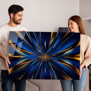 Blue and Gold Abstract Glass Wall Art: Modern Marble Painting