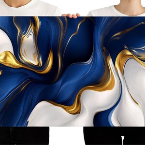 Blue and Gold Abstract Glass Wall Art: Modern Marble Painting
